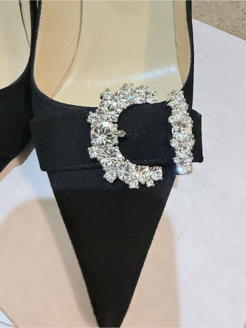 Jimmy Choo Black Satin Pointed Toe Pumps with Crystal Buckle